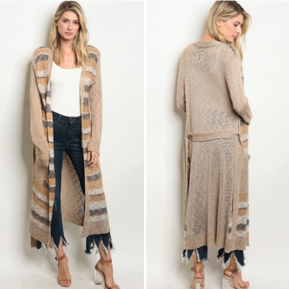 🆕️ TAUPE NAVY STRIPE POCKET MAXI SWEATER CARDIGAN